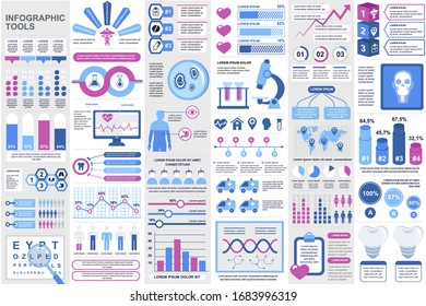 Medical Infographic Elements Set. Healthcare And Emergency Industry Charts. Laboratory Examination, Ophthalmology And Cardiology Analytics. Data Visualization Vector Bundle With Colorful Diagrams