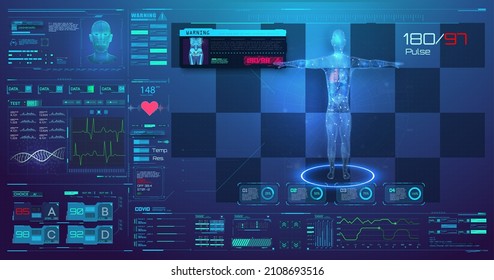 Medical Infographic fui. Health and healthcare icons and Structure of human organs. Innovation technology in medicine. HUD, GUI, UI, dashboard element ui medical examination. Human body scan. Vector