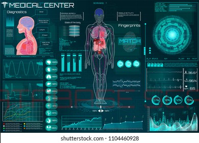 Medical Infographic HUD. Health and healthcare icons and Structure of human organs. Medical Infographic (Heart, lungs, stomach, kidney and human brain in 3D) Body Scanning (Sci fi, Ui, HUD elements)