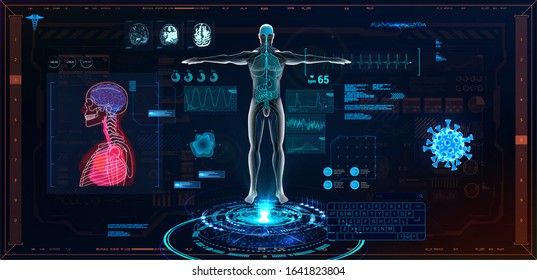 Medizinisches infografisches HUD. Gesundheit und Gesundheit und Struktur der menschlichen Organe. Medical Infografik (Herz, Hirn, Lungen, Magen, Nieren und menschliches Gehirn in 3D) Body Scanning Sci fi, UI, HUD. Vektorillustration