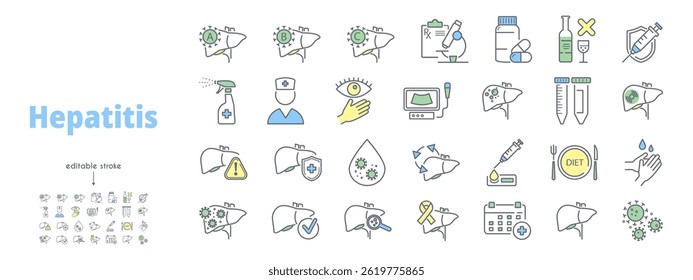 Medical infographic icon set about liver disease and fat-related conditions. Vector illustrations show hepatitis symptoms, organ damage, viral infections, and health treatment concepts.