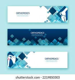 Medical infographic orthopedic anatomy. Abstract background with spine, pelvis, knee, foot, shoulder, elbow, hand, humerus bones and joints. Orthopedics medical.Blue and white. Vector illustration