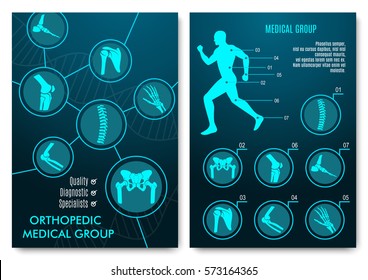 Medical infographic with orthopedic anatomy charts. Human silhouette in motion with marked spine, pelvis, knee, foot, shoulder, elbow, hand bones and joints. Orthopedics medical group design