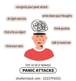 Medical infographic poster Tips to help manage Panic Attack. Useful advices for mental health problem. Head with nervous problem feel anxiety and stress vector flat style illustration.