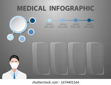 Medical infographic showing doctor with medical mask and four transparent glass vertical labels ready for your text. 