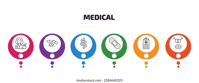 medical infographic template with icons and 6 step or option. medical icons such as nutrionist, drug pills, intestines, sticking plaster, medical records, united heterosexual vector. can be used for