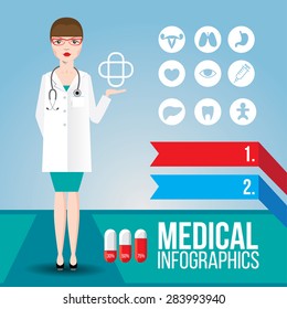 Medical infographic. Young smiling woman doctor with stethoscope on blue background. Set of flat icons as bonus. Cartoon character for identity of a clinic
