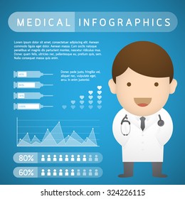 Medical infographics and doctor with stethoscope on blue gradient background