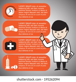 Medical infographics elements  with doctor, clock, first aid box, syringe and medical pills. Concept for health care and medication . Vector EPS 10. 