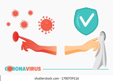 Medical infographics. How on Elevator, pressing a button spreads the global coronavirus - pandemic, covid-19. Vector illustration isolated.