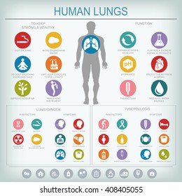 Medical infographics. Lungs function and health. Lung cancer and tuberculosis: risk factors and symptoms. Vector illustration.