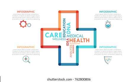 Medical infographics options template with colorful plus symbol in outline style. Vector. Can be used for web design and  workflow layout. Creative presentation page