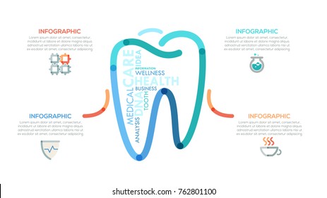 Medical infographics options template with colorful tooth symbol in outline style. Vector. Can be used for web design and  workflow layout. Presentation slide.