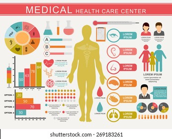 Medical infographics set including statistical charts, human body and other organs for Health Care Center.  