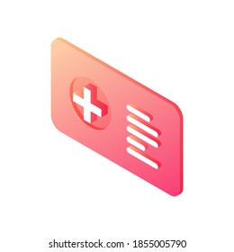 Medical Information Badge Isometric Vector Icon. Hospital Employee Red ID With Data. Personal Patient Card With Name And Short Medical History. Essential Information For Assistance And Therapy.