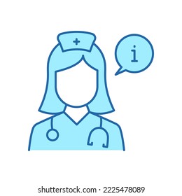 Medical Information from Nurse, Doctor Color Line Icon. Info from Medicine Female Staff Pictogram. Pharmacist Info Outline Icon. Doctor Consultation. Editable Stroke. Isolated Vector Illustration.