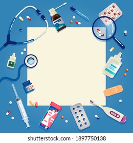 Medical Information Template with Blank Text Space. Blue Frame with the Image of Medicines. Vector Illustration in Flat Cartoon Style.