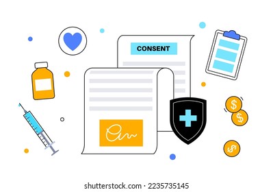 Medical informed consent paper document with signature. Agreement with doctor and patient in clinic. Information and purposes of medical scientific research. Treatment in hospital vector illustration.