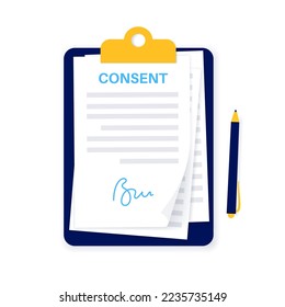Medical informed consent paper document with signature. Agreement with doctor and patient in clinic. Information and purposes of medical scientific research. Treatment in hospital vector illustration.