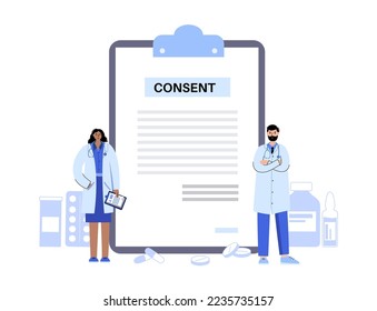 Medical informed consent paper document with signature. Agreement with doctor and patient in clinic. Information and purposes of medical scientific research. Treatment in hospital vector illustration.