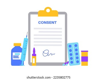 Medical informed consent paper document with signature. Agreement with doctor and patient in clinic. Information and purposes of medical scientific research. Treatment in hospital vector illustration.