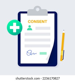 Medical informed consent paper document with signature. Agreement with doctor and patient in clinic. Information and purposes of medical scientific research. Treatment in hospital vector illustration.