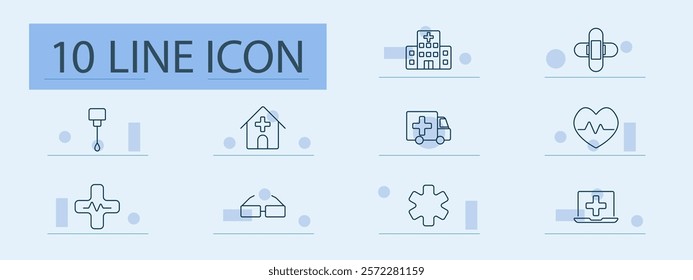 Medical infrastructure set icon. Hospital, ambulance, heart rate, IV bag, plaster, medical cross, rescue, clinic, health system