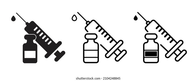 Conjunto de iconos de inyección médica. Covid inyectable. Icono de la vacuna. Icono de línea de vector para negocios y publicidad.