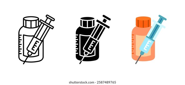 Medical injection icon set. Syringe and medicine bottle sign. Healthcare drug and immunization symbol. Vaccination and prescription pictogram. Clinic treatment and disease prevention illustration.