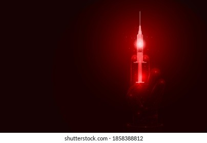 Medical injection syringe with liquid drug. Vaccination equipment with needle in hand. Wireframe low polygon design. Holding medical syringe. Preparing immunization vaccine. Low poly vector concept.