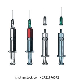 Medical injection syringe set. Vector illustration in engraving technique. Isolated on withe.