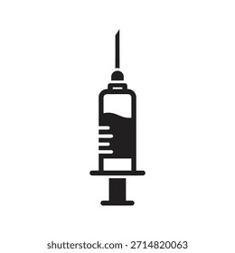 Icono de Vector negro sólido de la jeringuilla de la inyección médica aislado Fondo blanco Vacuna inyectada Ilustración gráfica de diseño de símbolo de salud