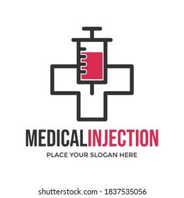 Medical injection vector logo template. This design use cross or plus symbol. Suitable for health.