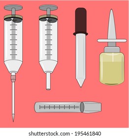 Medical Injectors Vector set. It contain injector, syringe, eye dropper, nose sprayer, and measuring spoon