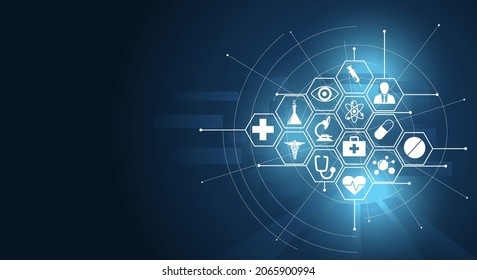 Medical innovation concept background. Health care icons on a blue background. Vector illustration