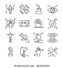 Medical innovation line icon set. Included the icons as physical scan, digital eye, dna, pseudo heart, organ printing and more.