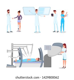 Medical innovations flat vector illustrations set. Hospital staff with modern gadgets and patient with prosthesis cartoon characters. Medicine technological modernization, clinic computerization