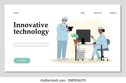 Medical innovative technology concept banner with male, female characters in hospital. Doctor, nurse in uniform at workplace in modern clinic in flat vector illustration isolated on white