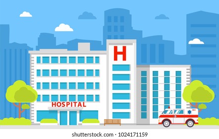 Medical institution. Hospital building. City ambulance medical care.Healthcare facility.Flat style a vector.Facade of improving and health center.Architecture of clinic.