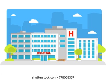 Medical institution. Hospital building. City ambulance medical care.Healthcare facility.Flat style a vector.Facade of improving and health center.Architecture of clinic.