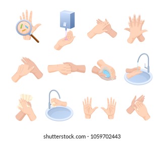 Medical Instruction Stages Proper Care Of Hands, Washing, Preventive Maintenance Of Bacteria, Healthcare, Health. Hand Washing, Disinfection, Sanitary Hygiene, Hygiene Prevention. Vector Illustration