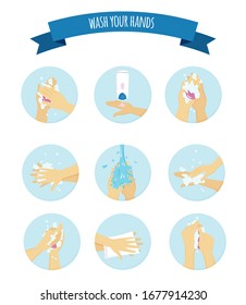 Medical instruction stages of proper hands washing, preventive maintenance of bacteria. Hand washing, disinfection, sanitary hygiene. Healthcare vector illustration poster