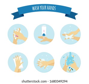 Medical instruction stages of proper hands washing, preventive maintenance of bacteria. Hand washing, disinfection, sanitary hygiene. Healthcare vector illustration poster