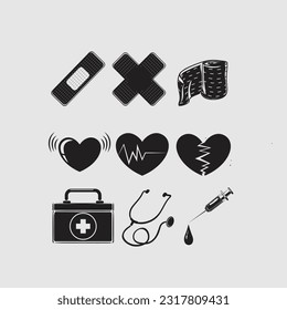 medical instrument, medical black icon, health icon silhouttee, heartbeat, bag, bp operater, bandage, injection