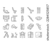 Medical Instrument And Equipment Icons Set Vector. Thermometer And Scalpel, Knife And Scissors, Sticking Plaster Roll And Bandage Medical Instrument And Tool Black Contour Illustrations