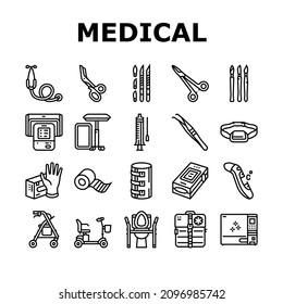 Medical Instrument And Equipment Icons Set Vector. Thermometer And Scalpel, Knife And Scissors, Sticking Plaster Roll And Bandage Medical Instrument And Tool Black Contour Illustrations