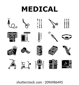 Iconos De Instrumento Médico Y Equipo Para El Vector. Termómetro Y Escalpel, Cuchillo Y Tijeras, Rollo De Plástico De Pegamento Y Instrumento Médico De Banda Y Pictogramas De Glifos De Herramientas Ilustraciones Negras