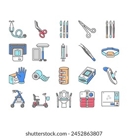 Instrumentos Médicos Y Equipo Iconos Set Vector. Termómetro Y Bisturí, Cuchillo Y Tijeras, Rollo De Yeso Adhesivo Y Vendaje De Instrumentos Médicos Y Línea De Herramientas. Ilustraciones de color