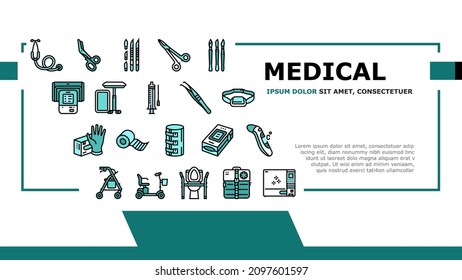 Medical Instrument And Equipment Landing Web Page Header Banner Template Vector. Thermometer And Scalpel, Knife And Scissors, Sticking Plaster Roll And Bandage Medical Instrument And Tool Illustration