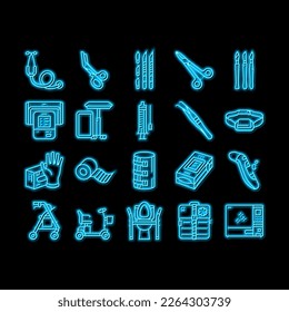 Medical Instrument And Equipment neon light sign vector. Thermometer And Scalpel, Knife And Scissors, Sticking Plaster Roll And Bandage Medical Instrument And Tool Illustrations